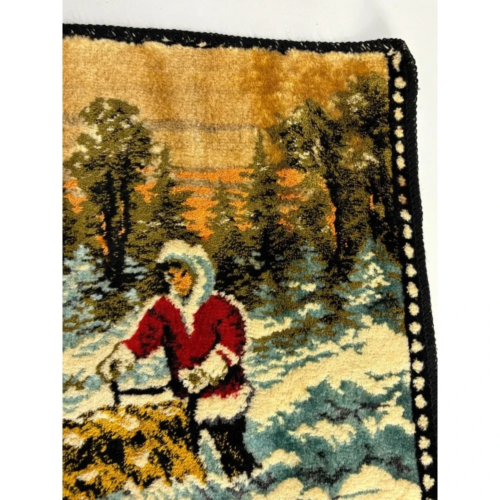 Vintage Rug Italian Woven Plush Velvet Alaskan Husky Tapestry Dogsled Clean